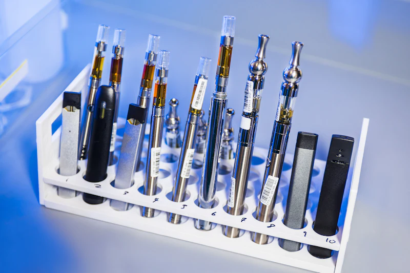 Rack of vape pens and refillable tanks